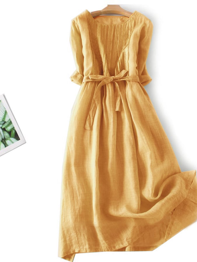 Lace Up Three Quarter Sleeve Solid Color Dress