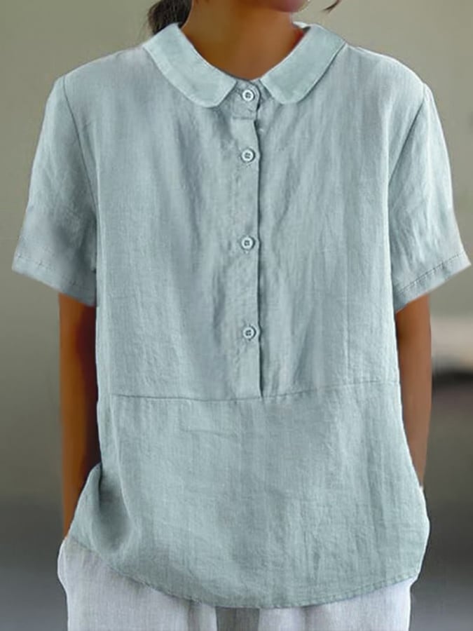 Women's Solid Color Cotton And Linen Lapel Short Sleeved Casual Blouse