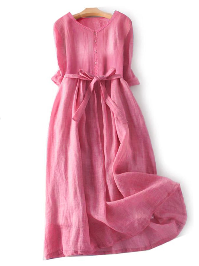 Literary And Elegant Cotton And Linen Tie Dress