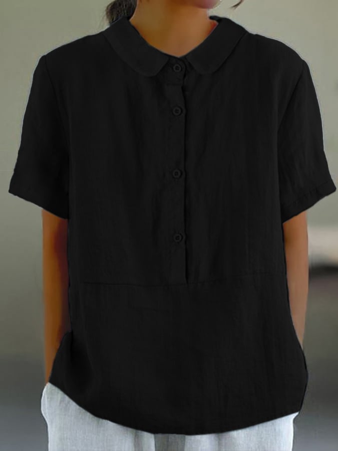 Women's Solid Color Cotton And Linen Lapel Short Sleeved Casual Blouse