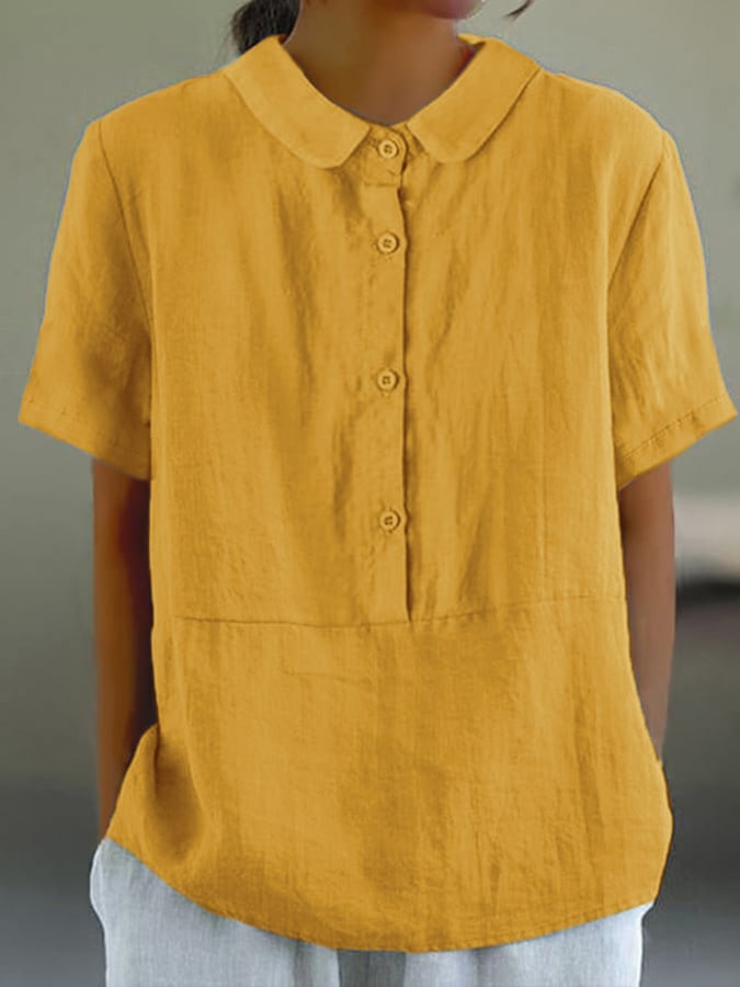 Women's Solid Color Cotton And Linen Lapel Short Sleeved Casual Blouse
