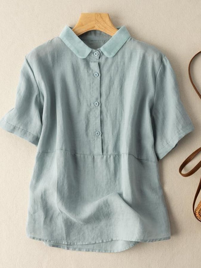 Women's Solid Color Cotton And Linen Lapel Short Sleeved Casual Blouse
