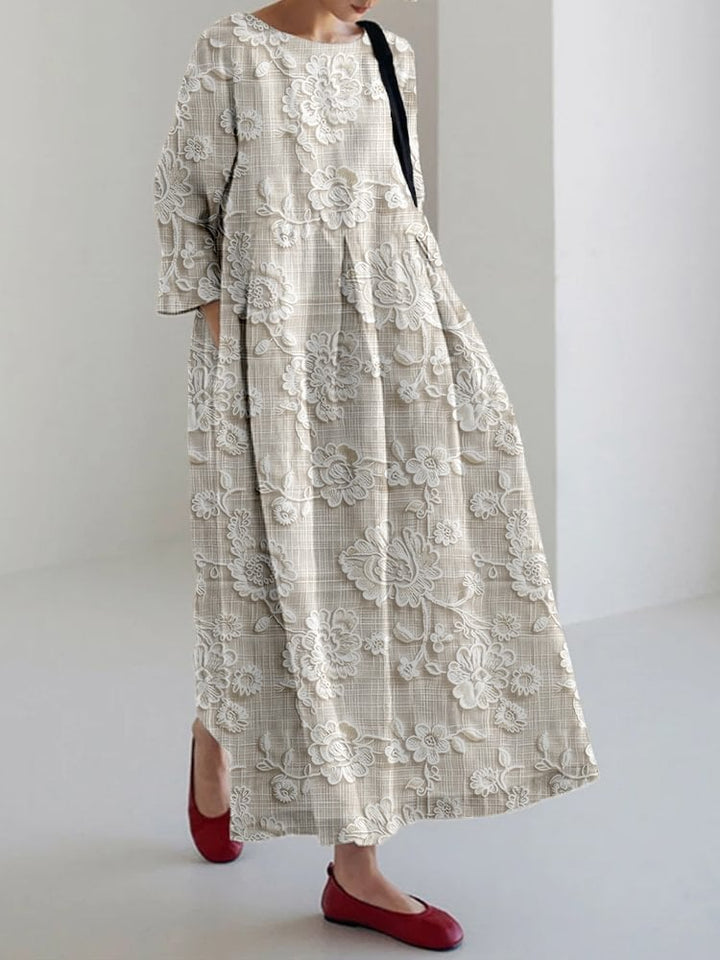 Women's Cotton And Linen Pink Lace Print Dress
