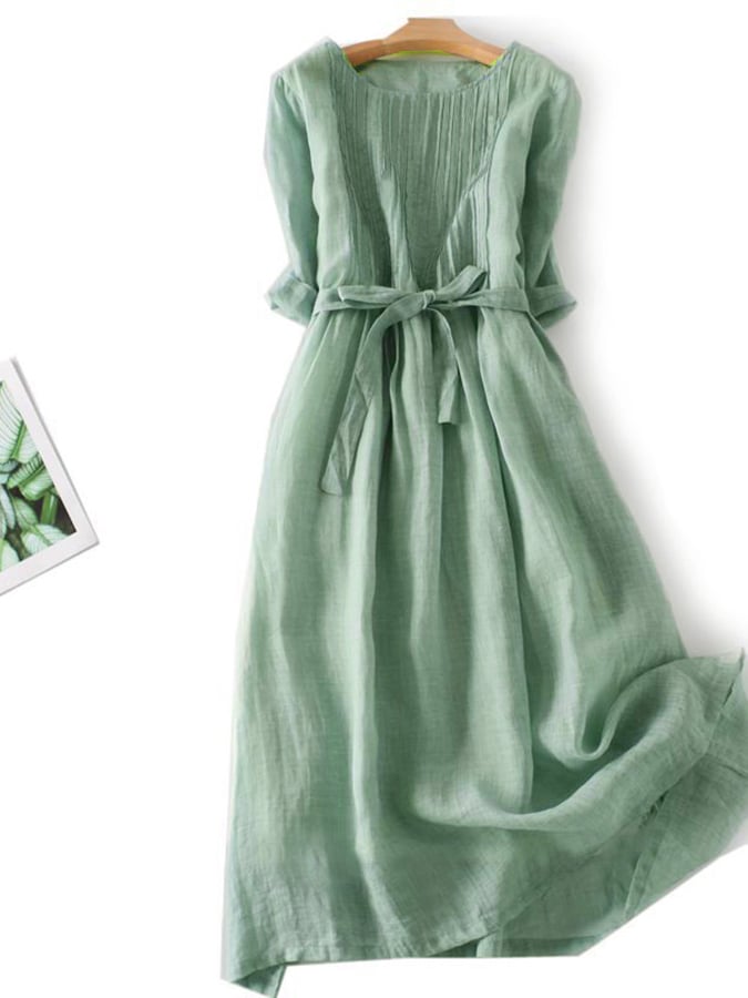 Lace Up Three Quarter Sleeve Solid Color Dress