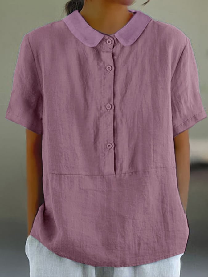 Women's Solid Color Cotton And Linen Lapel Short Sleeved Casual Blouse