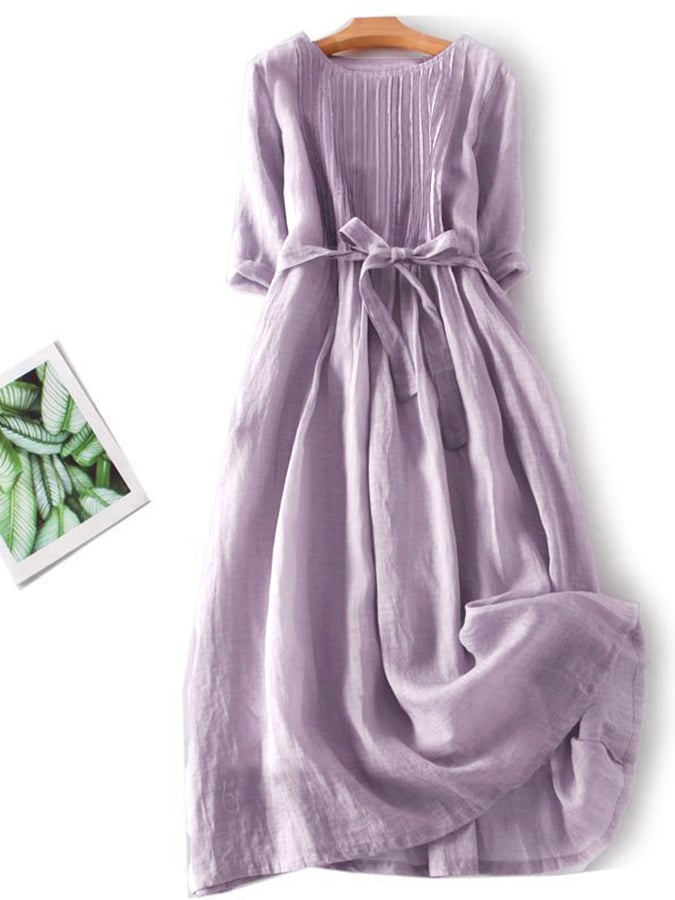 Lace Up Three Quarter Sleeve Solid Color Dress