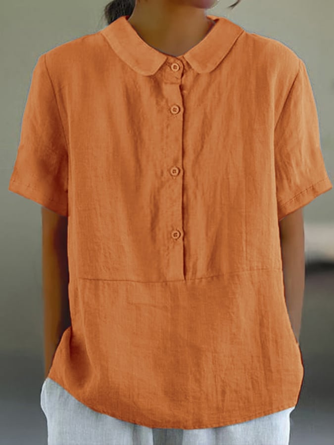 Women's Solid Color Cotton And Linen Lapel Short Sleeved Casual Blouse