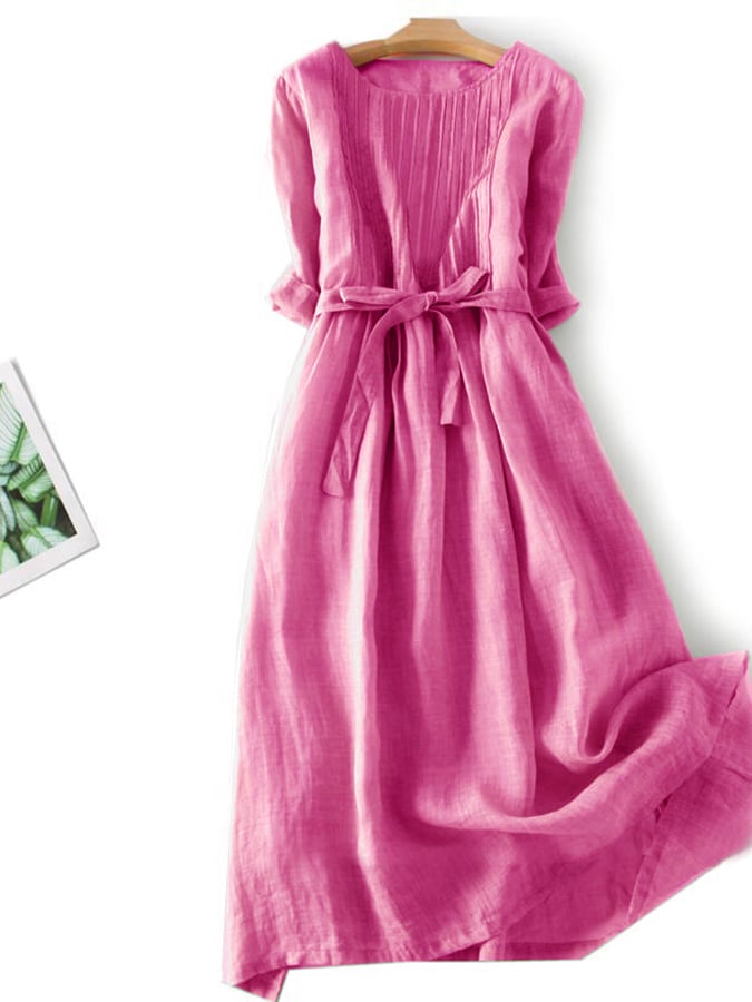 Lace Up Three Quarter Sleeve Solid Color Dress